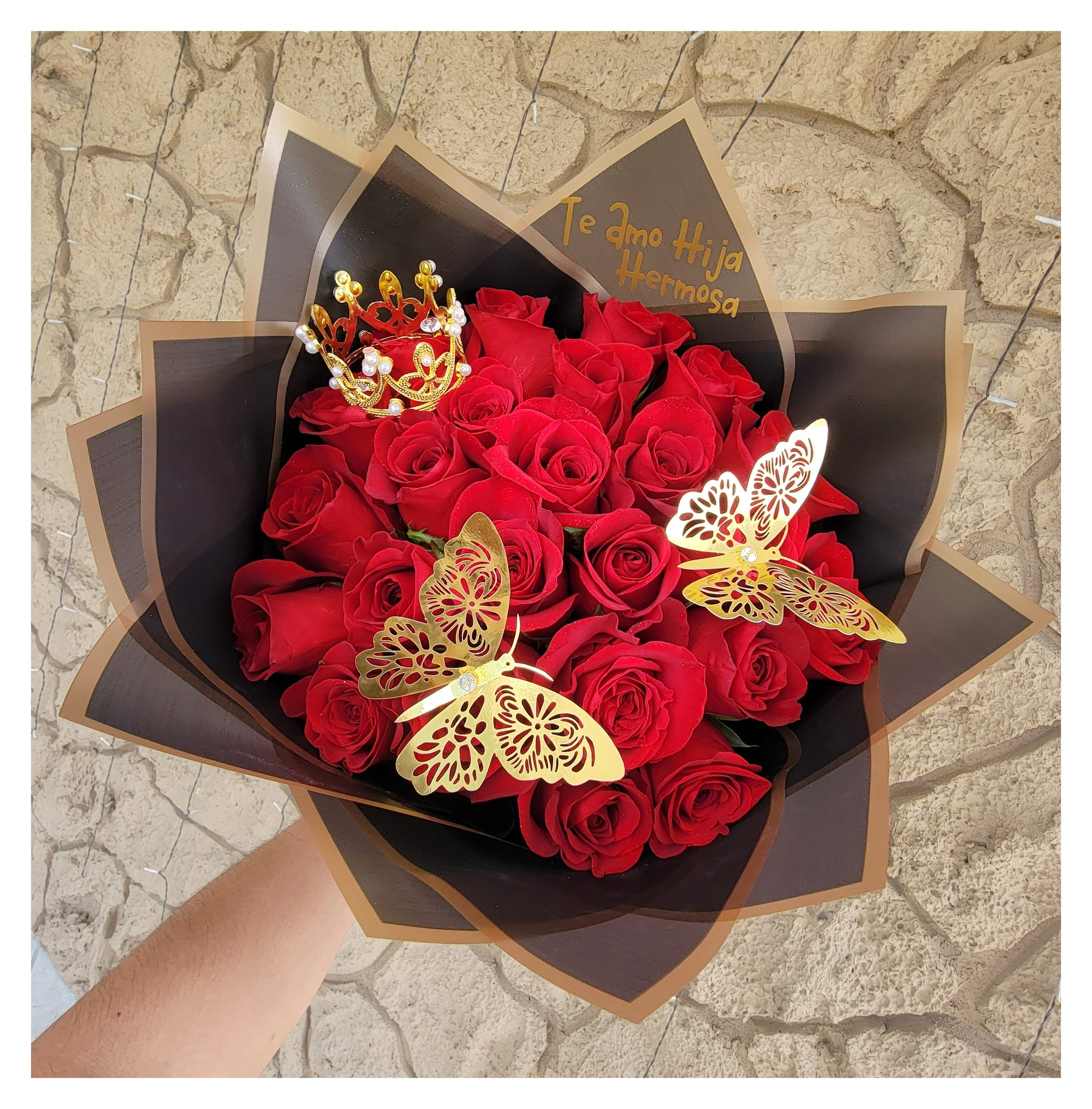 24 Rose Bouquet (Crown, butterflies, message)